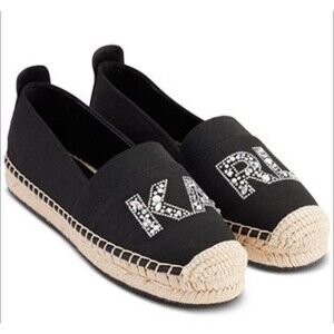 Karl Lagerfeld Summertime Espadrilles Flats Black Rhinestone Crystal Logo US 9M